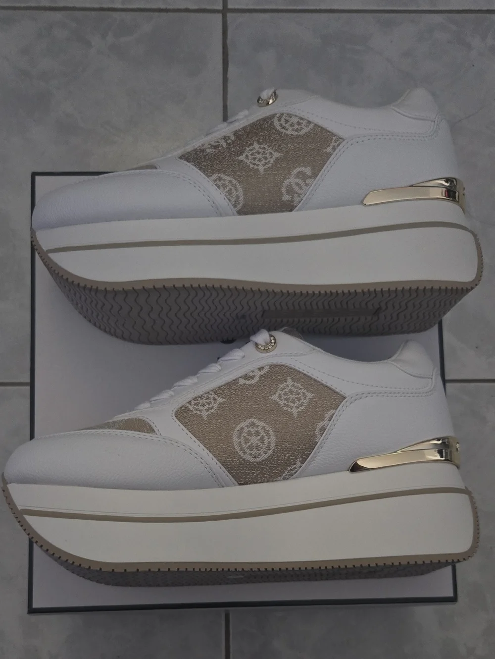Guess White and Beige Platform Sneakers, Size 9 Women